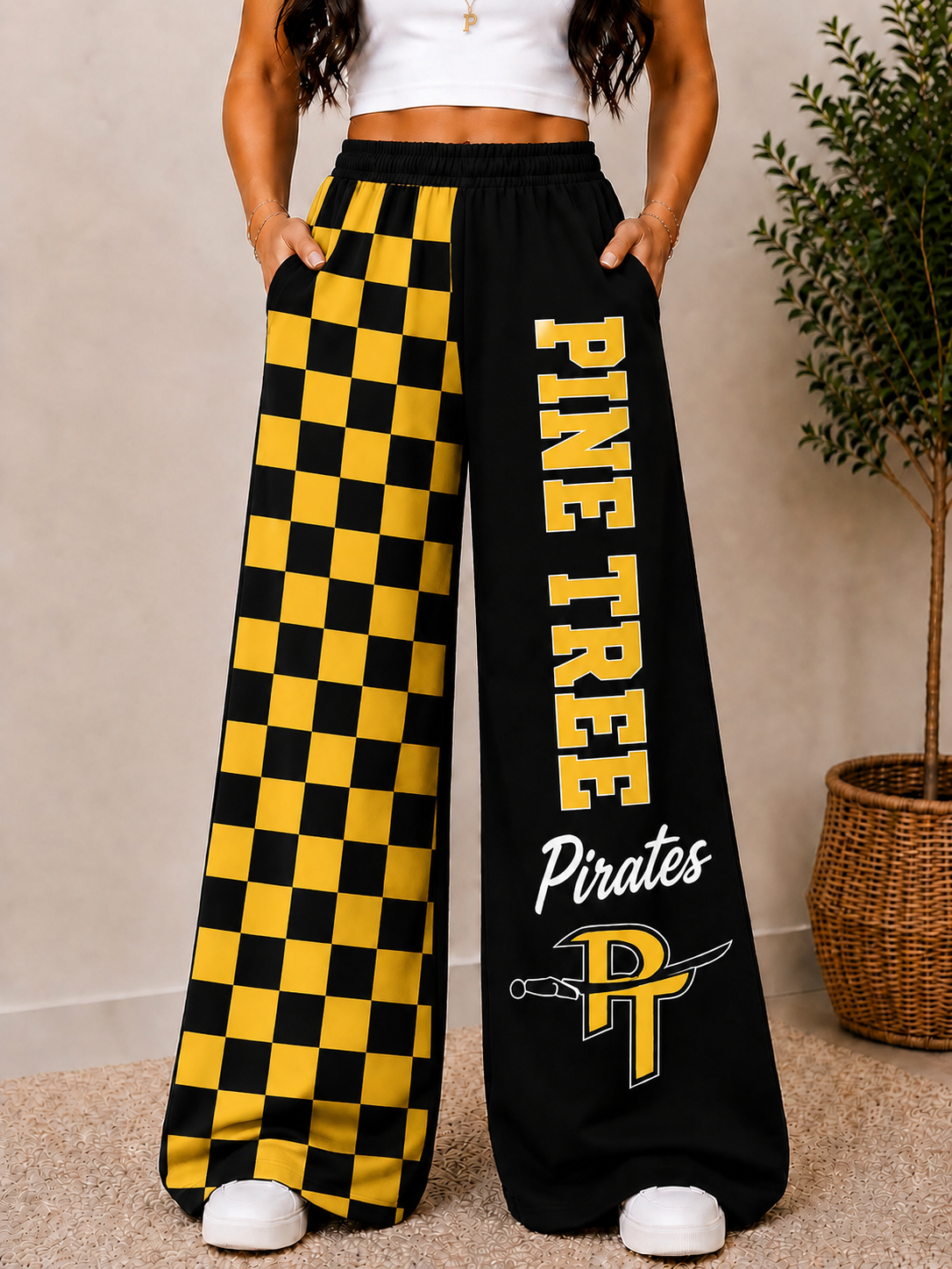 PINE TREE CHECKERED WIDE LEG PANTS -PT4